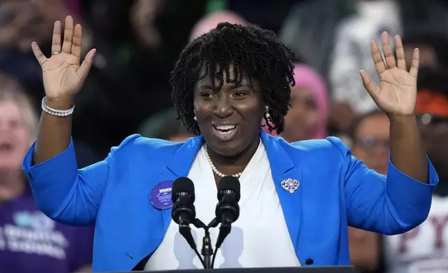 Pennsylvania House Speaker Joanna McClinton speaks during a community rally with Democratic presidential nominee Vice President Kamala Harris at the Alan Horwitz "Sixth Man" Center, Sunday, Oct. 27, 2024, in Philadelphia. (AP Photo/Matt Rourke)