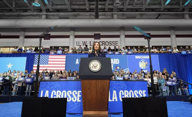 Democratic presidential nominee Vice President Kamala Harris speaks during a campaign rally at the University of Wisconsin La Crosse, in La Crosse, Wis., Thursday, Oct. 17, 2024. (AP Photo/Jacquelyn Martin)