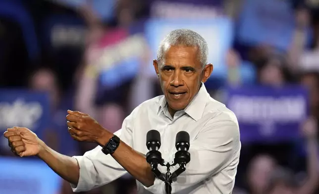 Former President Barack Obama speaks at a campaign rally supporting Democratic presidential nominee Vice President Kamala Harris, Tuesday, Oct. 22, 2024, in Detroit. (AP Photo/Paul Sancya)