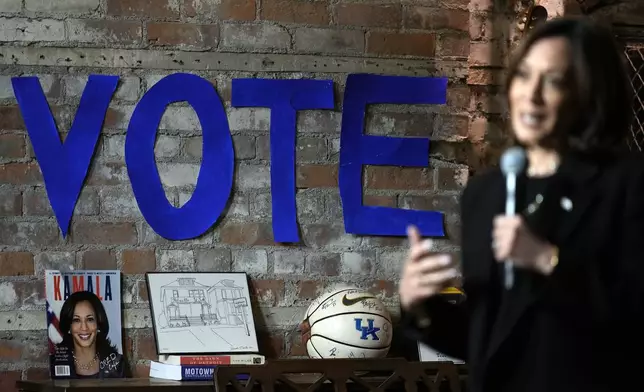 Democratic presidential nominee Vice President Kamala Harris speaks during a stop at Cred Cafe, a local Detroit small business owned by former NBA players Joe and Jamal Crawford, in Detroit, Tuesday, Oct. 15, 2024. (AP Photo/Jacquelyn Martin)