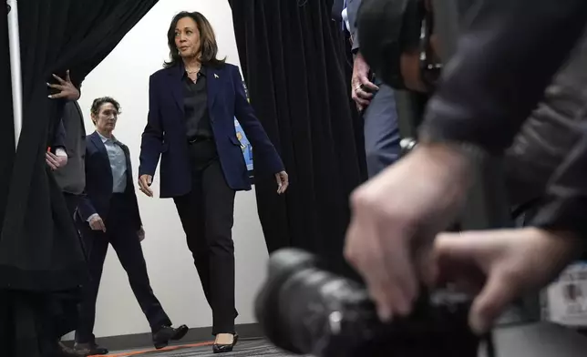 Democratic presidential nominee Vice President Kamala Harris arrives to speak about the killing of Hamas' top leader Yahya Sinwar in a battle with Israeli forces in Gaza, Thursday, Oct. 17, 2024, following a campaign rally at the University of Wisconsin Milwaukee. (AP Photo/Jacquelyn Martin)