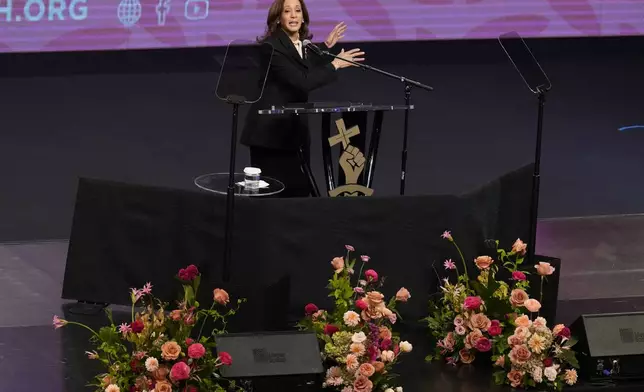 Democratic presidential nominee Vice President Kamala Harris speaks at a church service at New Birth Baptist Church in Stonecrest, Ga., Sunday, Oct. 20, 2024. (AP Photo/Jacquelyn Martin)