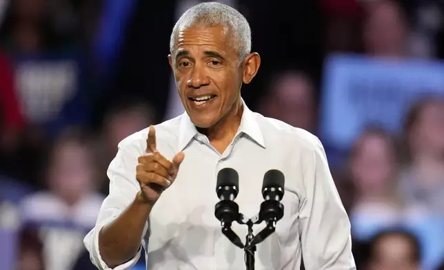 Former President Barack Obama speaks at a campaign rally supporting Democratic presidential nominee Vice President Kamala Harris, Tuesday, Oct. 22, 2024, in Detroit. (AP Photo/Paul Sancya)