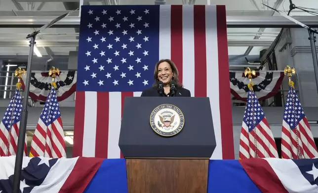 Democratic presidential nominee Vice President Kamala Harris speaks during an event at the Redford Township Fire Department North Station in Redford Township, Mich., Friday, Oct. 4, 2024. (AP Photo/Mark Schiefelbein)