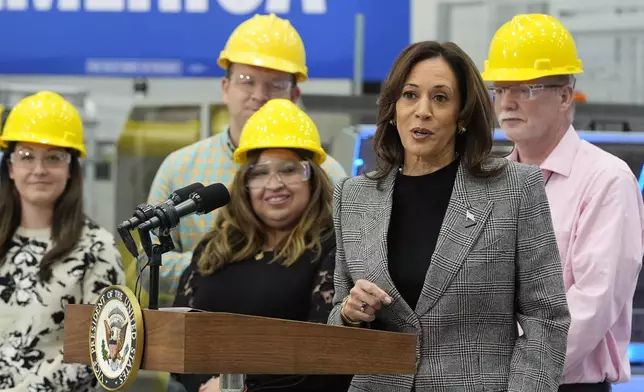 Democratic presidential nominee Vice President Kamala Harris speaks after taking a tour of the Hemlock Semiconductor Next-Generation Finishing facility in Hemlock, Mich., Monday, Oct. 28, 2024. (AP Photo/Jacquelyn Martin)