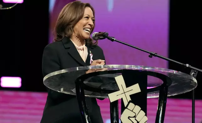 Democratic presidential nominee Vice President Kamala Harris speaks at a church service at New Birth Baptist Church in Stonecrest, Ga., Sunday, Oct. 20, 2024. (AP Photo/Jacquelyn Martin)