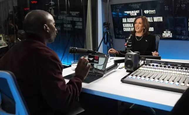 Democratic presidential nominee Vice President Kamala Harris, participates in an interview with Charlamagne Tha God, co-host of iHeartMedia's morning show The Breakfast Club, in Detroit, Tuesday, Oct. 15, 2024. (AP Photo/Jacquelyn Martin)