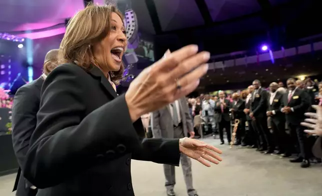 Democratic presidential nominee Vice President Kamala Harris arrives to speak at a church service at New Birth Baptist Church in Stonecrest, Ga., Sunday, Oct. 20, 2024. (AP Photo/Jacquelyn Martin)