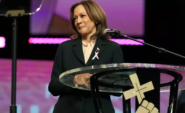 Democratic presidential nominee Vice President Kamala Harris speaks at a church service at New Birth Baptist Church in Stonecrest, Ga., Sunday, Oct. 20, 2024. (AP Photo/Jacquelyn Martin)