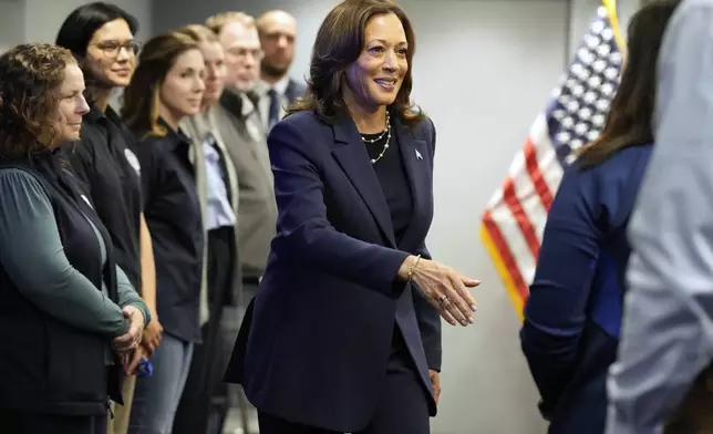 Democratic presidential nominee Vice President Kamala Harris attends a briefing at FEMA headquarters, Monday, Sept. 30, 2024, in Washington, on recovery and assistance efforts after Hurricane Helene. (AP Photo/Jacquelyn Martin)