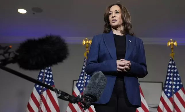 Democratic presidential nominee Vice President Kamala Harris speaks to reporters in Houston, Friday, Oct. 25, 2024. (AP Photo/Susan Walsh)