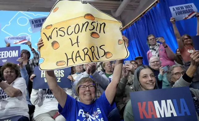 Attendees hold up asigns as Democratic presidential nominee Vice President Kamala Harris speaks during a campaign rally at the University of Wisconsin La Crosse, in La Crosse, Wis., Thursday, Oct. 17, 2024. (AP Photo/Jacquelyn Martin)