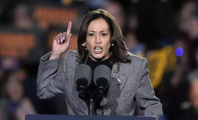 Democratic presidential nominee Vice President Kamala Harris speaks during a campaign rally at Burns Park in Ann Arbor, Mich., Monday, Oct. 28, 2024. (AP Photo/Carlos Osorio)