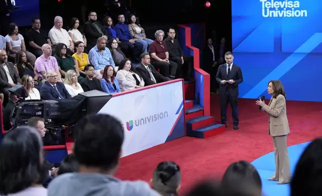 Democratic presidential nominee Vice President Kamala Harris speaks during a Town Hall event hosted by Univision, Thursday, Oct. 10, 2024, at the University of Nevada Las Vegas. (AP Photo/Jacquelyn Martin)