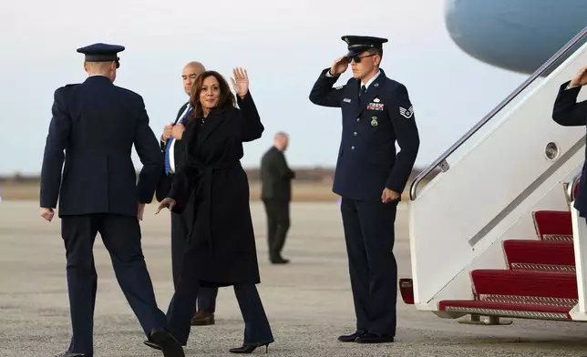 Democratic presidential nominee Vice President Kamala Harris arrives on Air Force Two at Joint Base Andrews, Md., Sunday, Oct. 27, 2024. (Erin Schaff//The New York Times via AP, Pool)