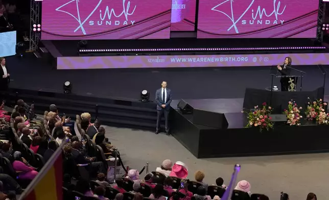 Democratic presidential nominee Vice President Kamala Harris speaks at a church service at New Birth Baptist Church in Stonecrest, Ga., Sunday, Oct. 20, 2024. (AP Photo/Jacquelyn Martin)