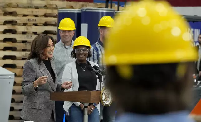 Democratic presidential nominee Vice President Kamala Harris speaks after taking a tour of the Hemlock Semiconductor Next-Generation Finishing facility in Hemlock, Mich., Monday, Oct. 28, 2024. (AP Photo/Jacquelyn Martin)