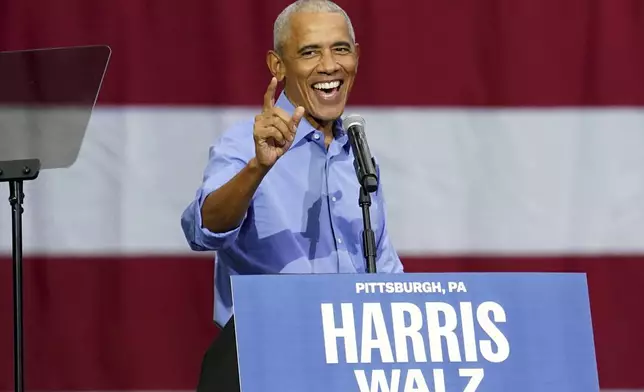 Former President Barack Obama speaks during a campaign rally supporting Democratic presidential nominee Vice President Kamala Harris, Thursday, Oct. 10, 2024, at the University of Pittsburgh's Fitzgerald Field House in Pittsburgh. (AP Photo/Matt Freed)