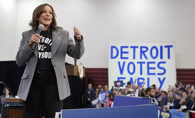 Democratic presidential nominee Vice President Kamala Harris speaks during a campaign event at Western International High School in Detroit, Saturday, Oct. 19, 2024. (AP Photo/Jacquelyn Martin)