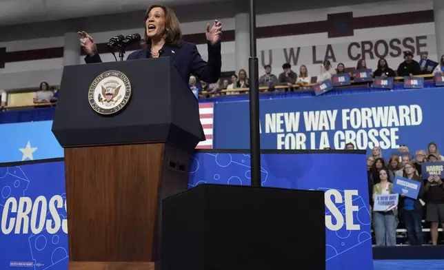 Democratic presidential nominee Vice President Kamala Harris speaks during a campaign rally at the University of Wisconsin La Crosse, in La Crosse, Wis., Thursday, Oct. 17, 2024. (AP Photo/Jacquelyn Martin)