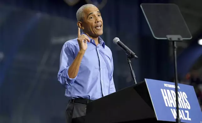 Former President Barack Obama speaks during a campaign rally supporting Democratic presidential nominee Vice President Kamala Harris, Thursday, Oct. 10, 2024, at the University of Pittsburgh's Fitzgerald Field House in Pittsburgh. (AP Photo/Matt Freed)