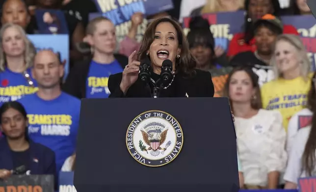 Democratic presidential nominee Vice President Kamala Harris speaks at a campaign rally, Wednesday, Oct. 30, 2024, in Raleigh, N.C. (AP Photo/Allison Joyce)