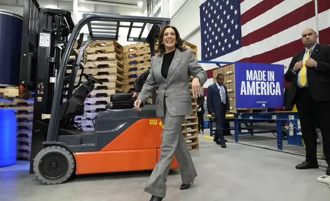 Democratic presidential nominee Vice President Kamala Harris tours the Hemlock Semiconductor Next-Generation Finishing facility in Hemlock, Mich., Monday, Oct. 28, 2024. (AP Photo/Jacquelyn Martin)