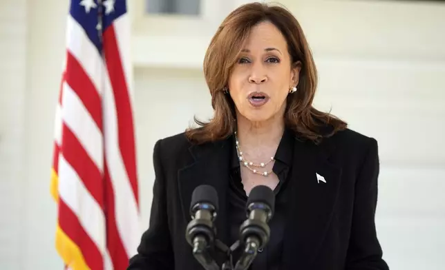 Democratic presidential nominee Vice President Kamala Harris speaks at the vice president's residence in Washington, Wednesday, Oct. 23, 2024. (AP Photo/Mark Schiefelbein)