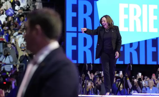 Democratic presidential nominee Vice President Kamala Harris arrives to speak during a campaign rally at Erie Insurance Arena, in Erie, Pa., Monday, Oct. 14, 2024. (AP Photo/Jacquelyn Martin)