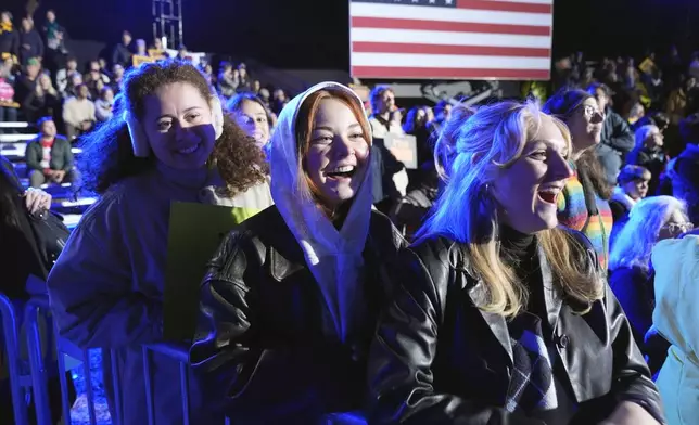 Attendees listen as Maggie Rogers performs during a campaign event for Democratic presidential nominee Vice President Kamala Harris in Burns Park Monday, Oct. 28, 2024, in Ann Arbor, Mich. (AP Photo/Paul Sancya)