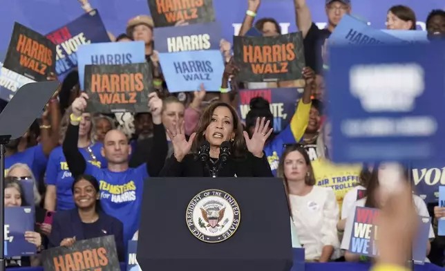 Democratic presidential nominee Vice President Kamala Harris speaks at a campaign rally, Wednesday, Oct. 30, 2024, in Raleigh, N.C. (AP Photo/Allison Joyce)