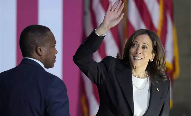 Democratic presidential nominee Vice President Kamala Harris waves as she departs after speaking at a campaign rally at Ripon College, Thursday, Oct. 3, 2024, in Ripon, Wis. (AP Photo/Charlie Neibergall)