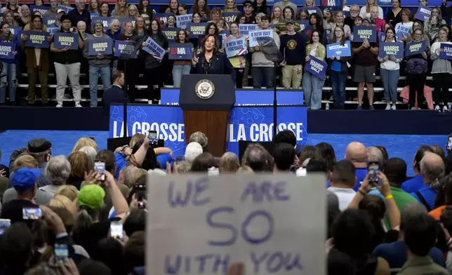 Democratic presidential nominee Vice President Kamala Harris speaks during a campaign rally at the University of Wisconsin La Crosse, in La Crosse, Wis., Thursday, Oct. 17, 2024. (AP Photo/Abbie Parr)