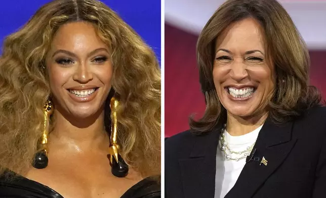 This combination photos shows Beyonce at the Grammy Awards in Los Angeles, March 14, 2021, left, and Democratic presidential nominee Vice President Kamala Harris at a CNN town hall in Aston, Pa., Oct. 23, 2024. (AP Photo)