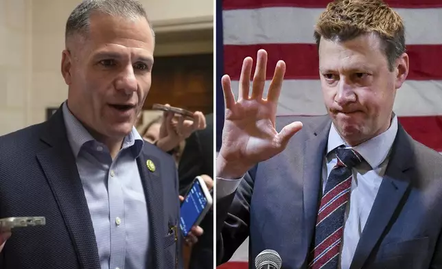 This combination photos shows Rep. Marc Molinaro, R-N.Y., left, on Capitol Hill in Washington, Oct. 23, 2023, and Josh Riley in Binghamton, N.Y., Nov. 8, 2022. (AP Photo)