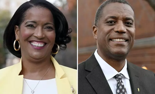 This combination of photos taken Oct. 18, 2022, in Waterbury, Conn. before a debate shows Rep. Jahana Hayes, D-Conn., left, and Republican House candidate George Logan. (AP Photo/Jessica Hill)