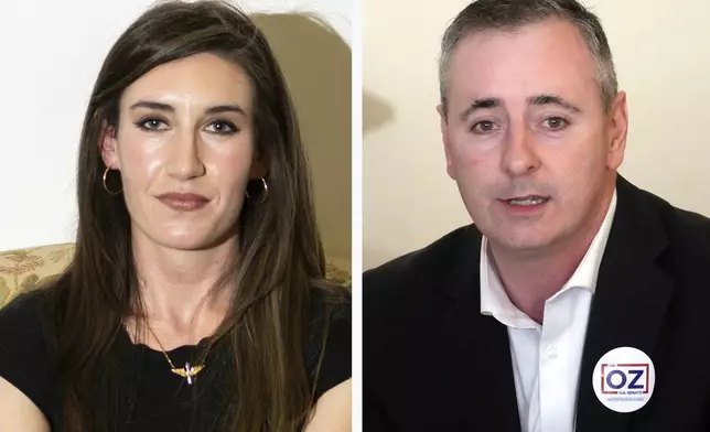 This combination photo shows Ashley Ehasz at her campaign headquarters, June 4, 2024, in Bristol, Pa., left, and Rep. Brian Fitzpatrick, R-Pa., at an event in Washington Crossing, Pa., Nov. 6, 2022 (AP Photo)