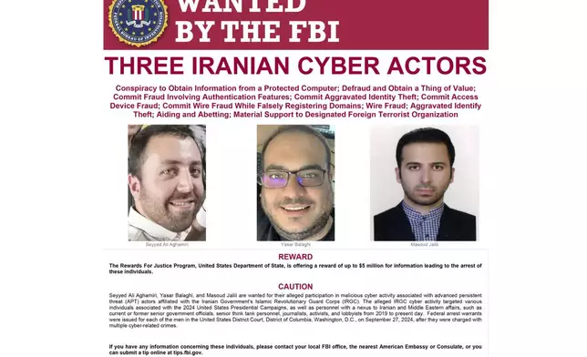 This image provided by the FBI shows three accused hackers, Seyyed Ali Aghamiri, Yasar Balaghi and Masoud Jalili, who were employed by Iran's paramilitary Revolutionary Guard, as the Justice Department unsealed criminal charges Friday, Sept. 27, 2024, against the three Iranian operatives suspected of hacking former President Donald Trump's campaign and disseminating stolen information to media organizations. (FBI via AP)