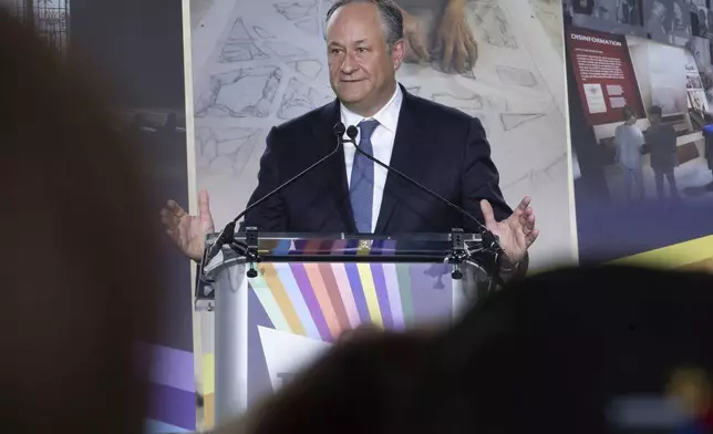 FILE - Second gentleman Doug Emhoff gives remarks during the groundbreaking ceremony for the new Tree of Life complex in Pittsburgh, June 23, 2024. (AP Photo/Rebecca Droke, File)