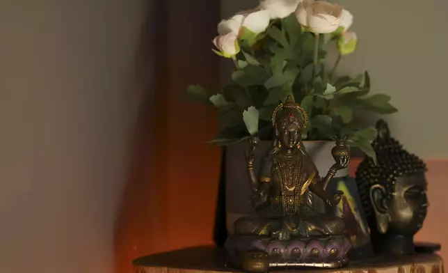 A detail view of items is seen in the studio space of Headspace meditation teacher, Rosie Acosta Monday, Sept. 30, 2024, in Woodland Hills, Calif. (AP Photo/Jessie Alcheh)