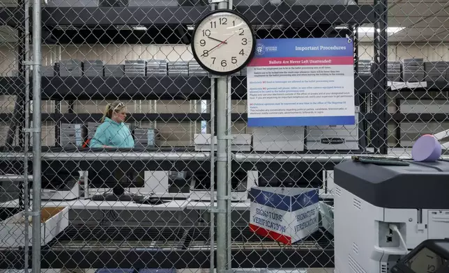 Cari-Ann Burgess, interim Registrar of Voters for Washoe County, Nev., moves boxes while preparing the office for elections, Saturday, Sept. 21, 2024, in Reno, Nev. (AP Photo/John Locher)