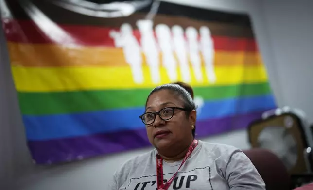 Florisela Lopez Rivera speaks with the Associated Press at the Culinary Workers Union, Tuesday, Sept. 10, 2024, in Las Vegas. Originally from El Salvador, Lopez Rivera recently gained permanent U.S. residency. (AP Photo/John Locher)