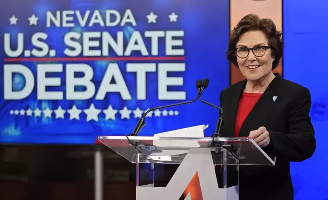 Sen. Jacky Rosen, D-Nev., stands in a tv studio before a debate with Republican senatorial candidate Sam Brown, Thursday, Oct. 17, 2024, in Las Vegas. (AP Photo/John Locher)