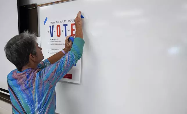 A poll worker hangs up signs at an early in-person voting site at Asheville-Buncombe Technical Community College, Wednesday, Oct. 16, 2024, in Marshall, N.C. (AP Photo/Stephanie Scarbrough)