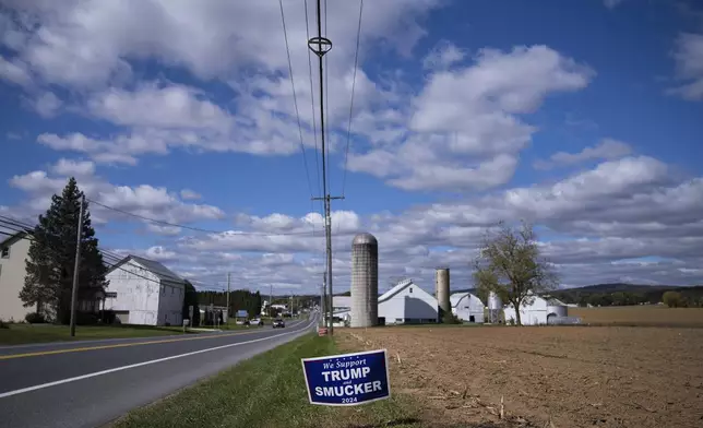 A Republican political advertisement is displayed in Ephrata, Pa., on Wednesday, Oct. 16, 2024. (AP Photo/Jessie Wardarski)