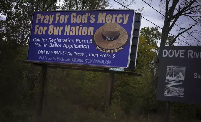 A voting advertisement geared toward the Amish population of Lancaster County is displayed on Tuesday, Oct. 15, 2024, in Strasburg, Pa. (AP Photo/Jessie Wardarski)