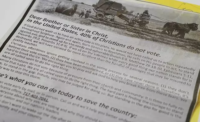 A voting advertisement sent to members of the Amish Community in Lancaster County is shown, Tuesday, Oct. 15, 2024, in Elizabethtown, Pa. (AP Photo/Jessie Wardarski)