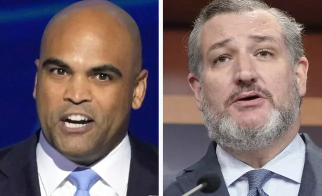 This combination photo shows Rep. Colin Allred, D-Texas, Aug. 22, 2024, in Chicago, left, and Sen. Ted Cruz, R-Texas, Sept. 27, 2023, on Capitol Hill in Washington. (AP Photo)