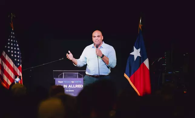 Rep. Colin Allred, D-Texas, speaks to supporters at a campaign event at Tulips FTW, Saturday, Oct. 5, 2024, in Fort Worth, Texas. (AP Photo/Desiree Rios)