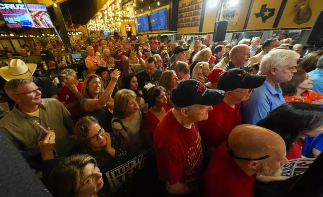 Sen. Ted Cruz, R-Texas, addresses supporters during a campaign event, Saturday, Oct. 5, 2024, in Keller, Texas. (AP Photo/Julio Cortez)